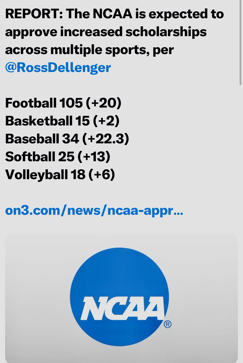 The new implementation of baseball scholarships at the NCAA D1 for the 2025/26 season , is going to have a RIPPLE effect for all of college baseball. Many conferences will now have decisions to make. There will be 100’s of athletes entering portal next spring and this will cause