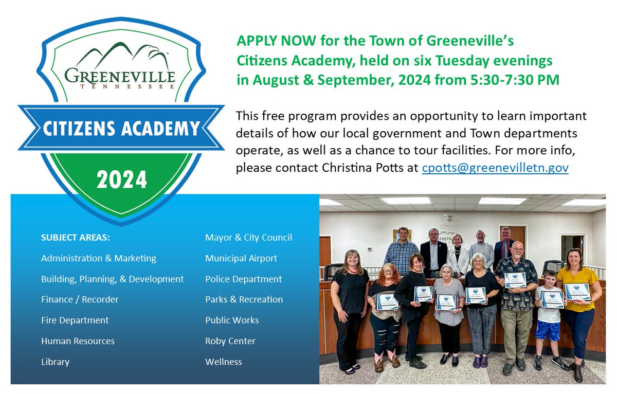 Have you ever wanted to know more about local government and our departments? Apply for our upcoming Citizens Academy today! This is a FREE program! Sessions will be Tuesdays from 5:30-7:30 pm on Aug 6, 13, 27 &amp; Sept 10, 17, 24. Graduation on Oct 1. Apply: greenevilletn.gov/forms/8435