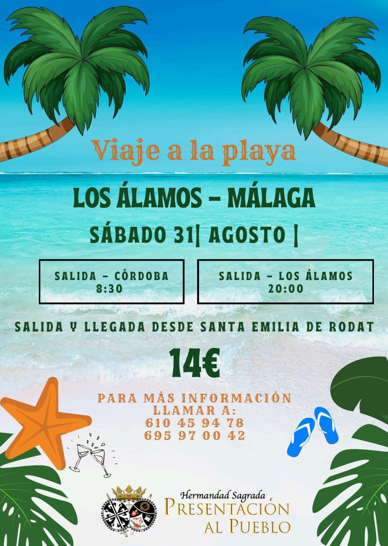 🏝️Nuestro Grupo Joven organiza un viaje de ida y vuelta a la playa los Álamos 

📅 sábado 31 de agosto. 
📍La salida desde la Glorieta Santa Emilia de Rodat 
⌚️08:30h 
🚎 el regreso de Los Álamos se realizará a las 20h.