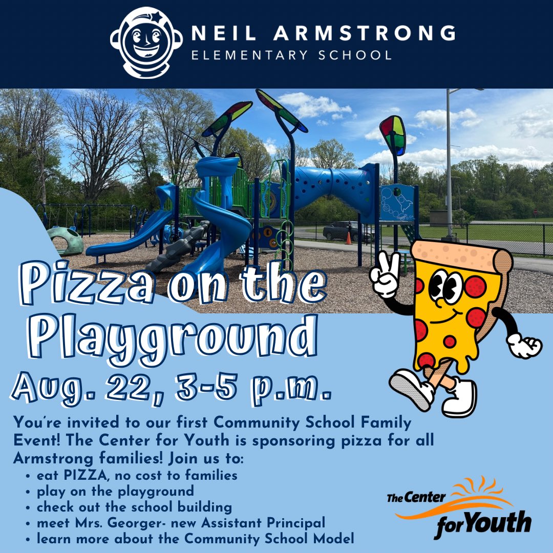 You’re invited to our first Community School Family Event! The Center for Youth is sponsoring pizza for all Armstrong families! Join us to: 
eat PIZZA, play on the playground, check out the school building, meet Mrs. Georger (new AP), and learn more about Community Schools. 🍕🤩