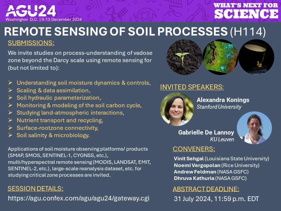 Noemi Vergopolan (@nvergopolan) on Twitter photo 🚨One week to submit abstracts to AGU!📅
Looking forward to seeing you in DC at the remote sensing of soil processes section!🌱🛰️
Join us and two amazing invited speakers:
🎙️Alexandra Konings & Gabrielle De Lannoy🎙️
Convened with @Vinit__Sehgal <a href="/a_feldman24/">Andrew Feldman</a> Druva Kathuria 🎉✨ 🚨One week to submit abstracts to AGU!📅
Looking forward to seeing you in DC at the remote sensing of soil processes section!🌱🛰️
Join us and two amazing invited speakers:
🎙️Alexandra Konings & Gabrielle De Lannoy🎙️
Convened with @Vinit__Sehgal <a href="/a_feldman24/">Andrew Feldman</a> Druva Kathuria 🎉✨