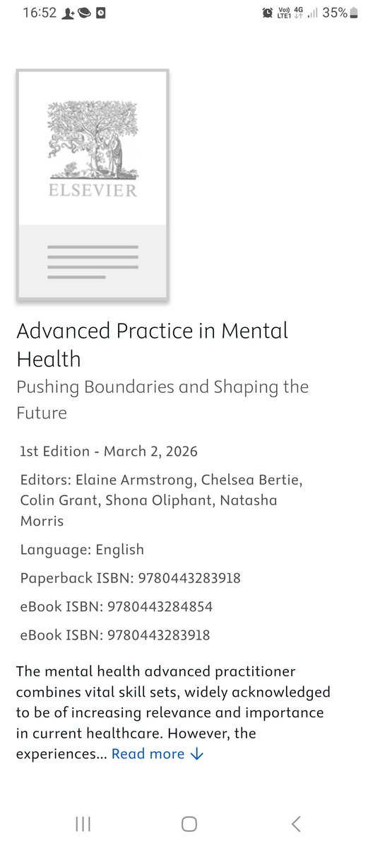 So excited to see this on Google today, and happy to be working on this publication with some fantastic colleagues. Also, grateful to all those contributing to the book and supporting us on the journey. Hoping for publication next year 🤞🙏 #mentalhealth #advancedpractice #future