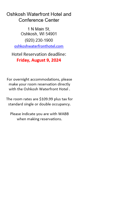 Reserve your hotel stay for our 46th Annual Fall Seminar in Oshkosh, WI--see you there!
oshkoshwaterfronthotel.com/rooms/