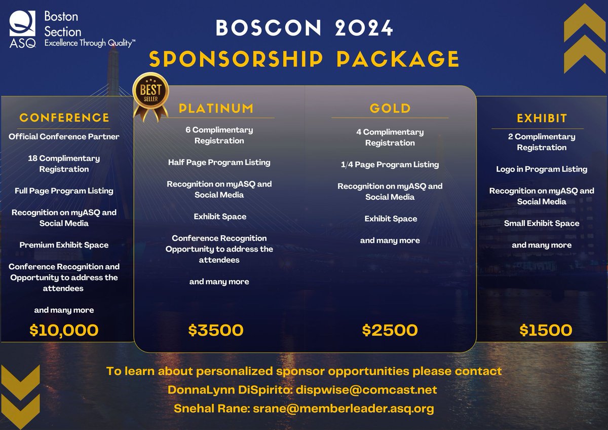 ASQBoston's tweet image. Sponsorship Opportunities for BOSCON 2024!

📅 Event Date: October 7-8, 2024
📍 Venue: Hilton Woburn/Boston
🔗 Learn More: buff.ly/4coiL9i 

We invite you to elevate your brand and connect with industry professionals, thought leaders, and innovators by becoming a sponsor!