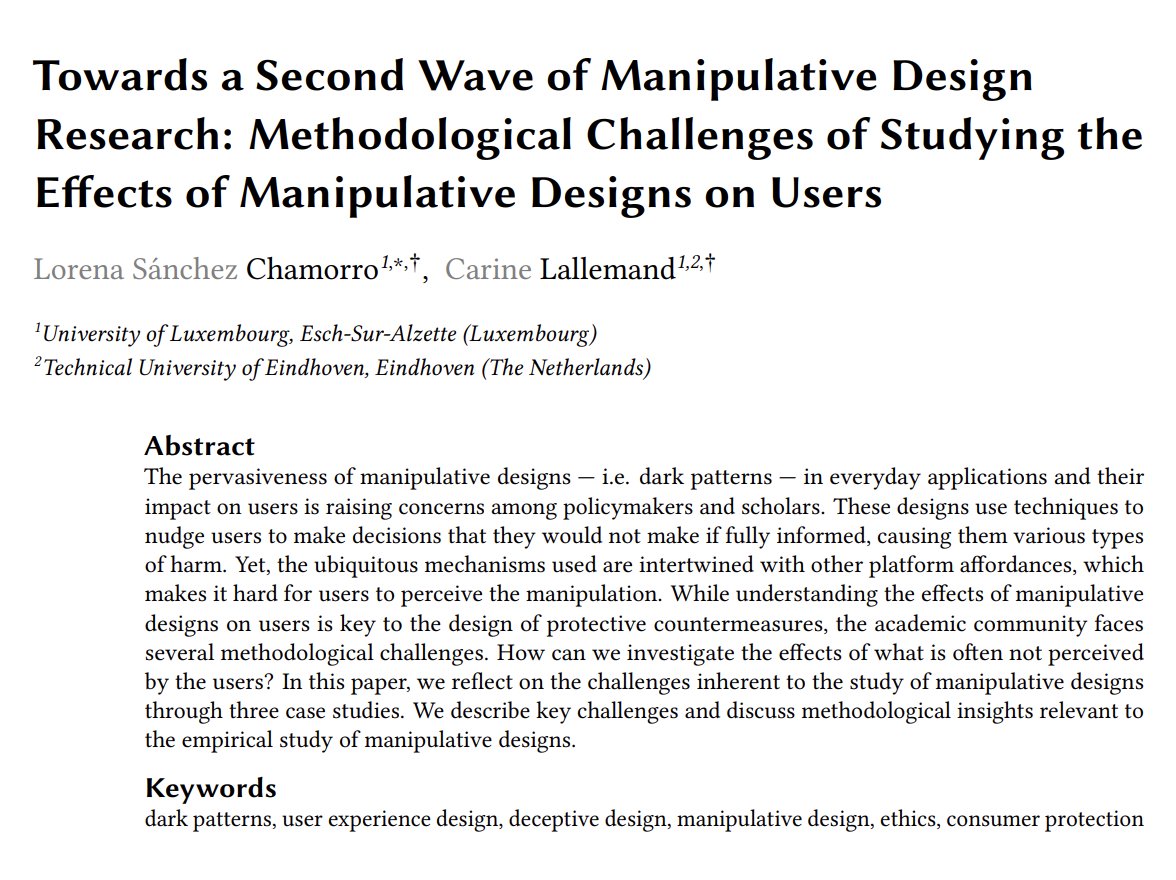 Interested in manipulative designs ("dark patterns")? 
Check out our publication about the methodological challenges in manipulative design research! (as part of <a href="/LastStrawberry/">Lorena Sánchez @LastStrawberry@hci.social</a>'s PhD dissertation, completed soon)
ceur-ws.org/Vol-3720/paper…