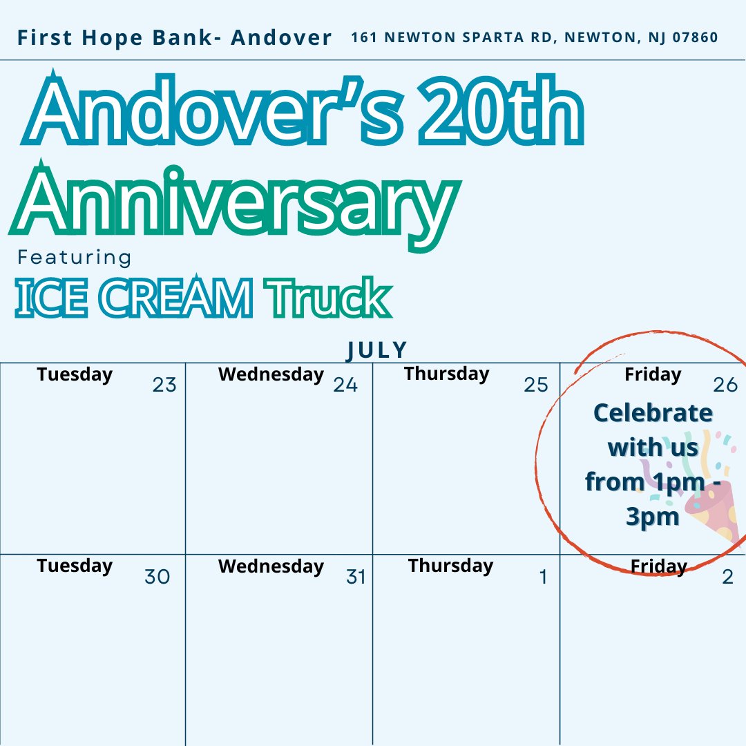FirstHopeBank's tweet image. 📅 Mark your calendars! 📅

Join us on Friday, July 26th from 1 PM - 3 PM to celebrate Andover's 20th Anniversary with an ice cream truck! 🎉🍦

We can't wait to celebrate with you!
#MarkYourCalendars #FirstHopeBank