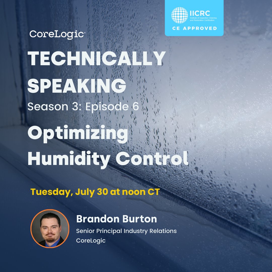Join Brandon Burton LIVE next Tuesday for this #IICRC CEC-approved #webinar! 

Brandon will focus on maximizing humidity control during water damage #restoration projects and discuss ways to boost traditional dehumidifier performance. 

Register now: clgx.co/3A4bflA