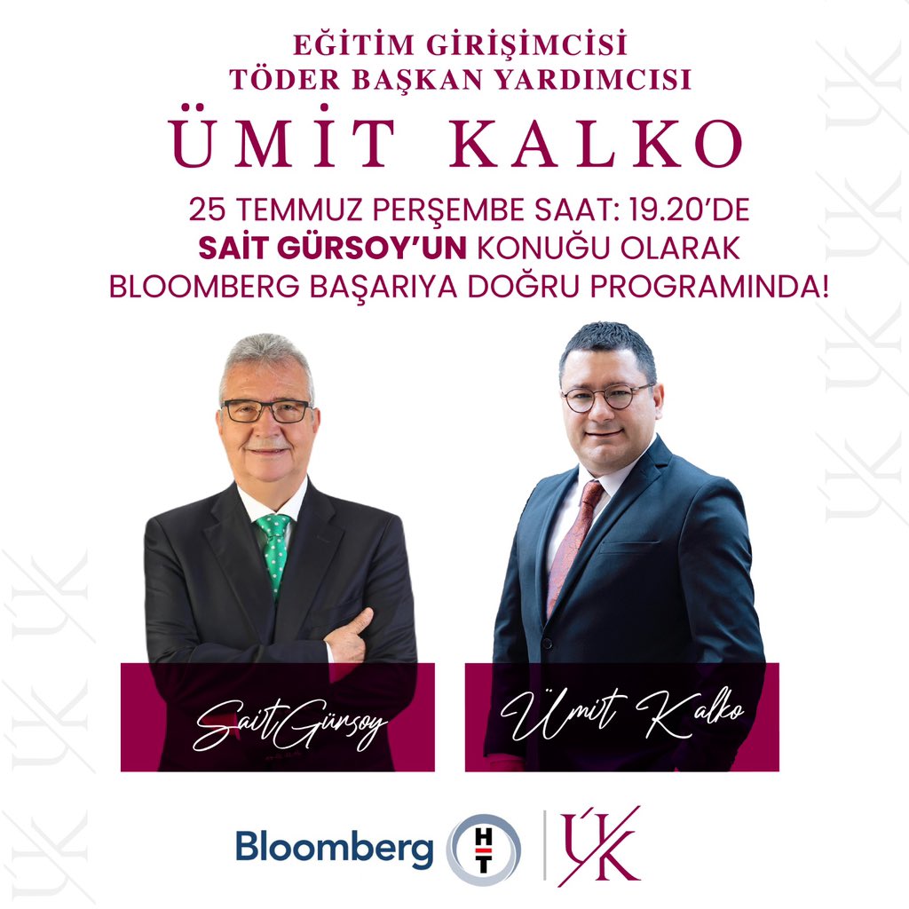 umitkalko's tweet photo. 📺 Yarın akşam Bloomberg TV'de 'Başarıya Doğru' programında Sait Gürsoy'un canlı yayın konuğu olacağım. Özel okul ve kurs sektörünün sorunları ve taleplerini konuşacağız. İyi seyirler dilerim.

🗓️ Tarih: 25 Temmuz 2024  
⏰ Saat: 19.20 https://t.co/jKoM07tEky