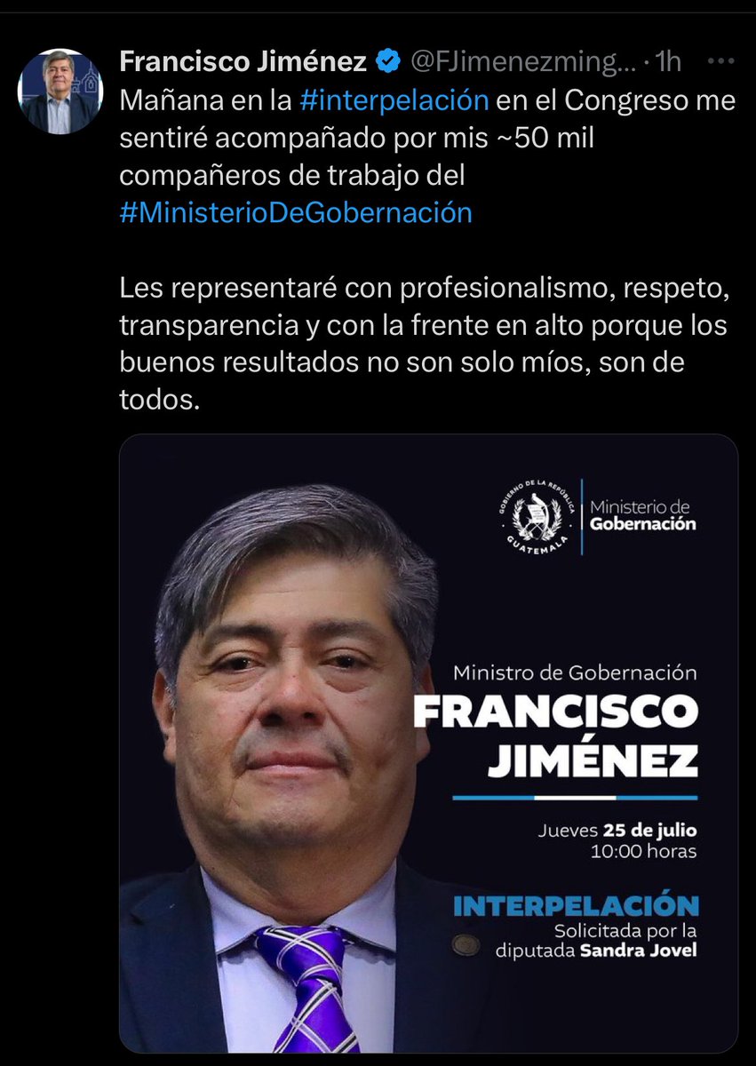 Que bueno tener el respaldo de los 50 mil empleados del <a href="/mingobguate/">MinGob</a> que no me cabe la menor duda hacen una excelente labor. Sin embargo @FJimenezmingob es el pueblo de Guatemala quien aprueba o desaprueba SU gestión y a quienes debe rendirle cuentas del porqué hemos visto un
