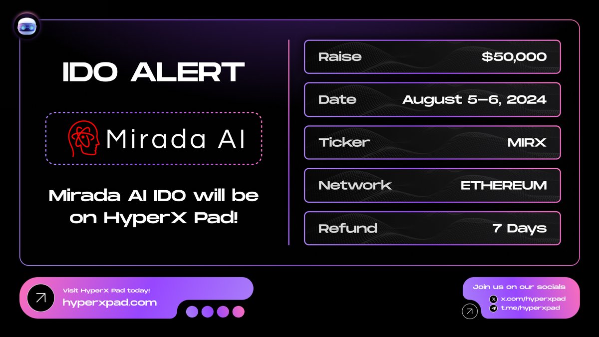 🔎 <a href="/miradaai/">Mirada AI</a> is a powerful decentralized AI platform, with reduced censorship &amp; biases, better privacy, and seamless API &amp; SDK.

IDO Details 👇

📅 Date: 5-6 August 2024 
💰 Allocation: $50,000 
🪙 Ticker: MIRX 
🔗 IDO Page: hyperxpad.com/launchpad/12

💰 Stake $HGPT &amp; Earn Tier: