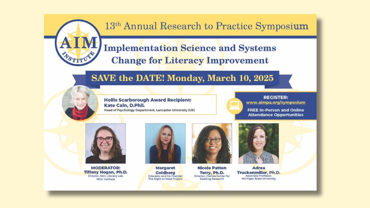 LD Translational Science Collective (@ld_collective) on Twitter photo Donโt miss this powerhouse lineup! Join <a href="/AIMtoLearn/">AIM Institute</a> for their 13th Annual Research to Practice Symposium
๐ค <a href="/tiffanyphogan/">Tiffany Hogan</a>, @TruckTrucks, <a href="/TheDrPT/">Nicole Patton Terry</a>, and Margaret Goldberg of <a href="/right2readproj/">Right to Read Project</a>
๐ 3/10/25
๐In-Person & Virtual
๐ bit.ly/4fdys53
#AIMSymposium2025 #literacy Donโt miss this powerhouse lineup! Join <a href="/AIMtoLearn/">AIM Institute</a> for their 13th Annual Research to Practice Symposium
๐ค <a href="/tiffanyphogan/">Tiffany Hogan</a>, @TruckTrucks, <a href="/TheDrPT/">Nicole Patton Terry</a>, and Margaret Goldberg of <a href="/right2readproj/">Right to Read Project</a>
๐ 3/10/25
๐In-Person & Virtual
๐ bit.ly/4fdys53
#AIMSymposium2025 #literacy