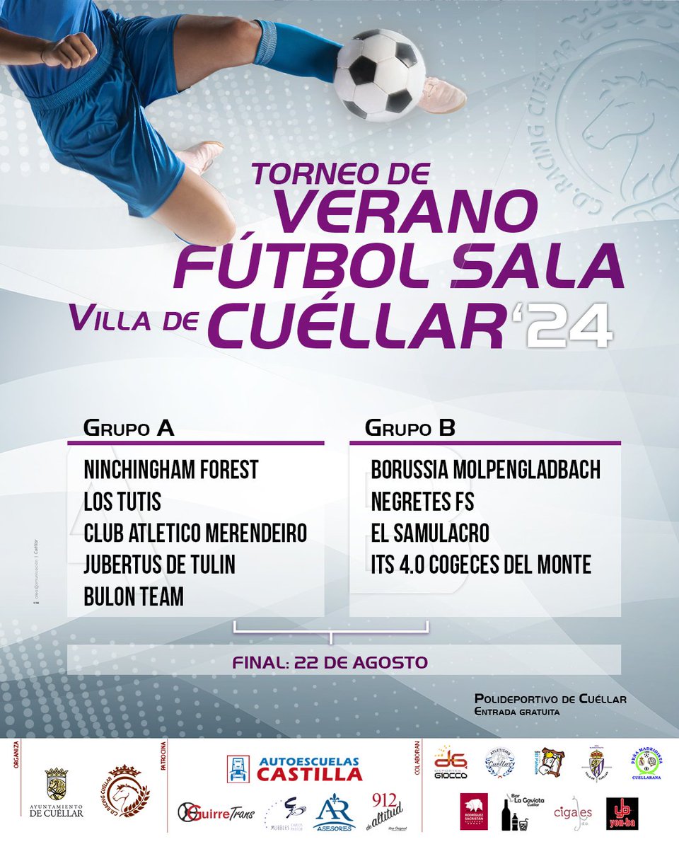 rcuellarfs's tweet photo. Este fin de semana comienza el Torneo de Verano de #FútbolSala Villa de #Cuéllar  organizado por el Racing Cuéllar. Recordad que este año toda la fase de grupos se disputará en un solo fin de semana. ¡Torneo del KO!
Así han quedado formados los grupos. https://t.co/3nWbIOxxkH