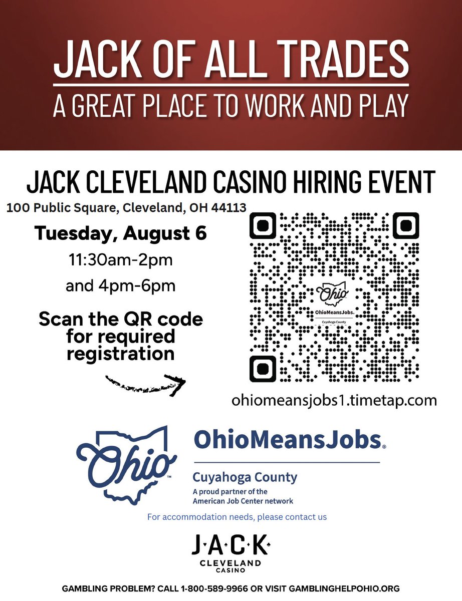Feeling lucky? 
Scan the QR code to register and get a jackpot of opportunities! Need accommodations? Contact OhioMeansJobs|Cleveland-Cuyahoga at 216-777-8200 or visit omjcc.cuyahogacounty.gov May the odds be ever in your favor! 🎰 💼 #JobSearch #GetHired