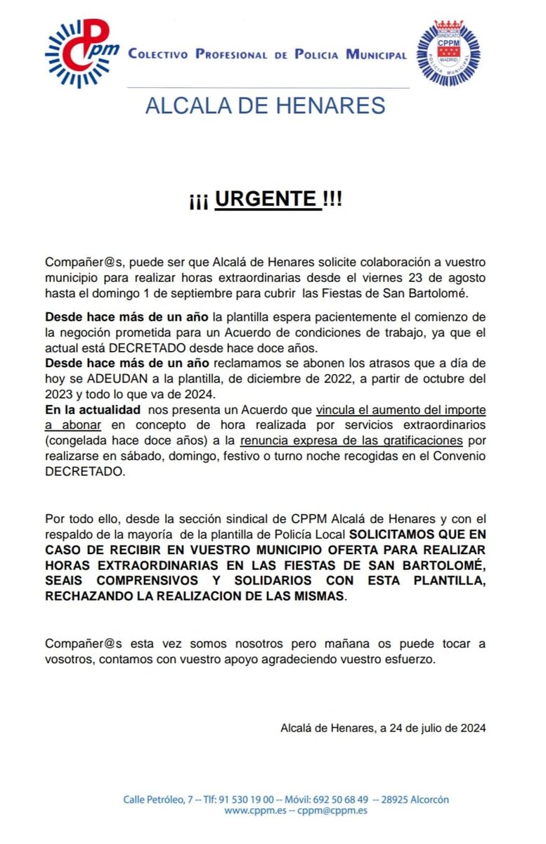 COMUNICADO URGENTE DE CPPM ALCALÁ DE HENARES A TODOS LOS COMPAÑER@S DE POLICÍA DE LA COMUNIDAD DE MADRID