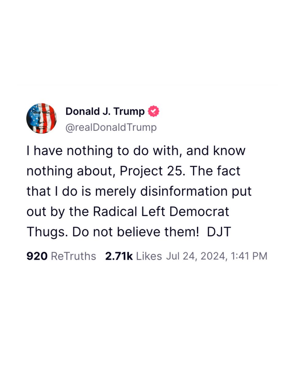KamalaHQ's tweet image. Trump just now: I know nothing about Project 2025

Also Trump: The Heritage Foundation is a great group and they’re going to lay the groundwork and detail plans for exactly what our movement will do in my second term