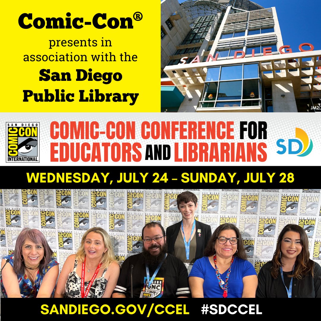 SDPublicLibrary's tweet image. Together with @comiccon, San Diego Public Library presents the annual Comic-Con Conference for Educators and Librarians Wednesday through Sunday this week. No badge? No worries! These #SDCCEL panels are open to everyone! 🤩 sandiego.gov/ccel#ccel