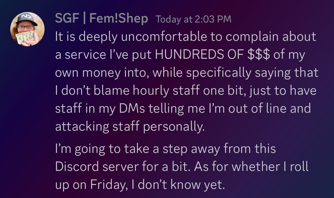 FemShepFGC's tweet image. Not sure if I’ll be attending my weekly anymore at this point.