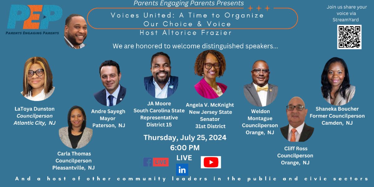 HeartRoseCo's tweet photo. #ParentsEngagingParents Statewide Voices United: A Time to Organize Our Choice and Voice, on Thursday, July 25, at 6:30 PM w/ guest speakers @SenatorMcKnight @AndreSayeghNJ @JAMooreForSC Carla Tomas, Weldon Montague, Shaneka Boucher & Cliff Ross #ScanBarcode https://t.co/sInFEERRnu