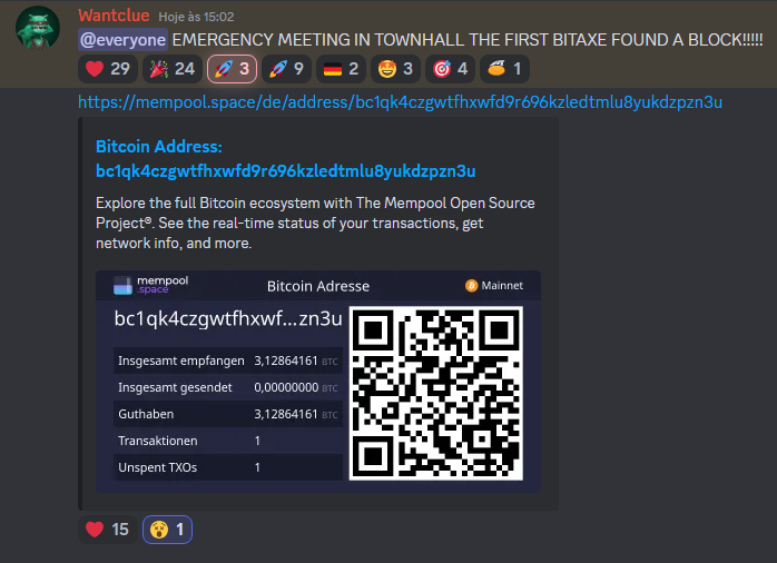 bernacripto's tweet photo. Ao que parece, temos um primeiro bloco quebrado por um BITAXE, levando cerca de U$ 208000 ! https://t.co/id6yXfaHQ5