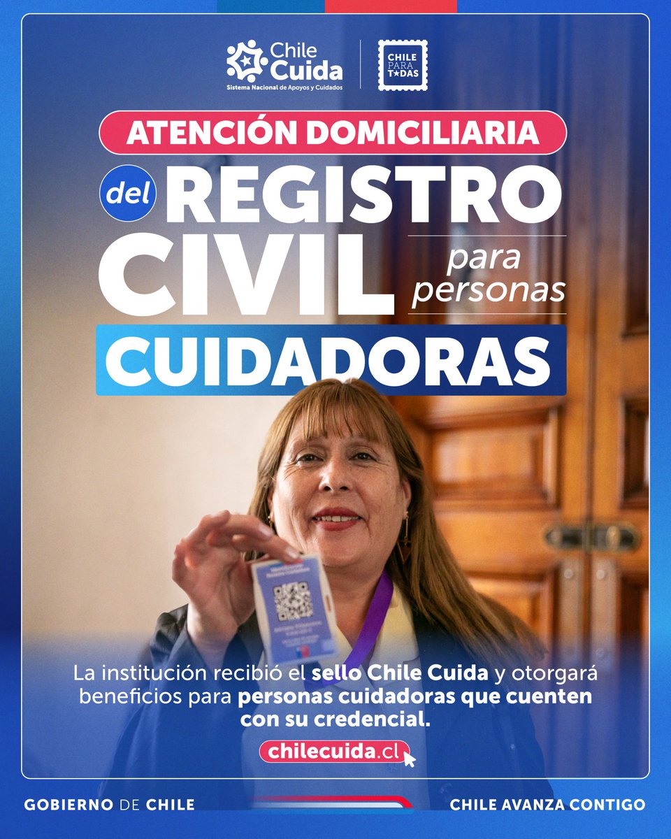 Desde hoy el <a href="/RegCivil_RM/">Registro Civil RM</a> cuenta con el Sello #ChileCuida, otorgando atención domiciliaria para personas cuidadoras que cuenten con su credencial, atención preferencial y salas de lactancia, entre otros beneficios enmarcados en el plan #ChileParaTodas ✅ 

Además, las personas