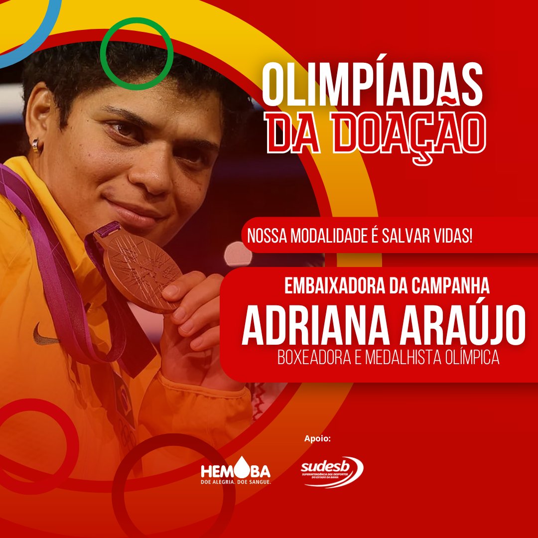 Inspirada nos jogos olímpicos em Paris 2024, a Fundação Hemoba lança a campanha “Olimpíadas da Doação” que tem como embaixadora da campanha Adriana Araújo, medalhista olímpica no boxe, nas Olimpíadas de Londres em 2012. 
Saimba mais em: acesse.one/VzOKG