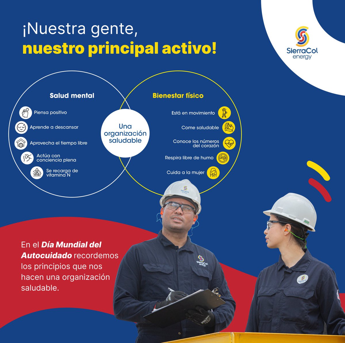 En SierraCol promovemos un estilo de vida sana a través de programas de bienestar físico, salud mental y de seguridad en el trabajo. Celebramos hoy el día mundial del autocuidado, factor fundamental para el bienestar de nuestro talento humano. 

#OrgulloSierraCol