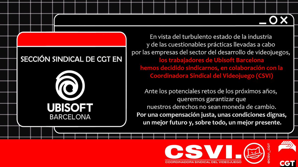 Seguimos con avances en la lucha de les trabajadores del videojuego: se sindican también les trabajadores de Ubisoft Barcelona, por un mejor futuro y, sobre todo, un mejor presente. ✊️