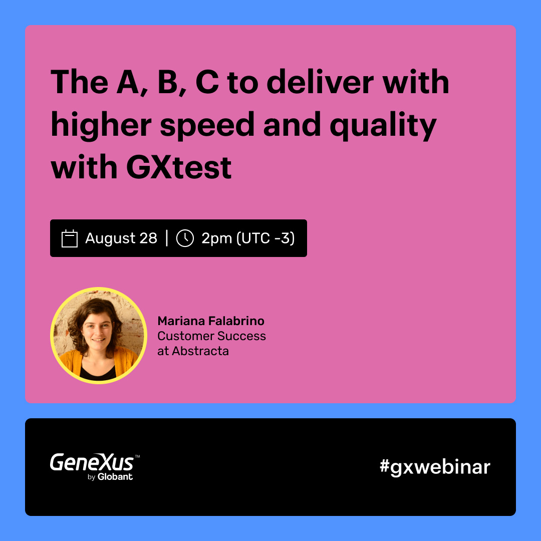 GeneXus (@genexus) on Twitter photo We invite you to join this webinar to learn how to create tests, run them from the IDE and unattended to achieve it. We are waiting for you! 
➡️ hubs.la/Q02HRn4-0
With: <a href="/AbstractaUS/">Abstracta</a> We invite you to join this webinar to learn how to create tests, run them from the IDE and unattended to achieve it. We are waiting for you! 
➡️ hubs.la/Q02HRn4-0
With: <a href="/AbstractaUS/">Abstracta</a>