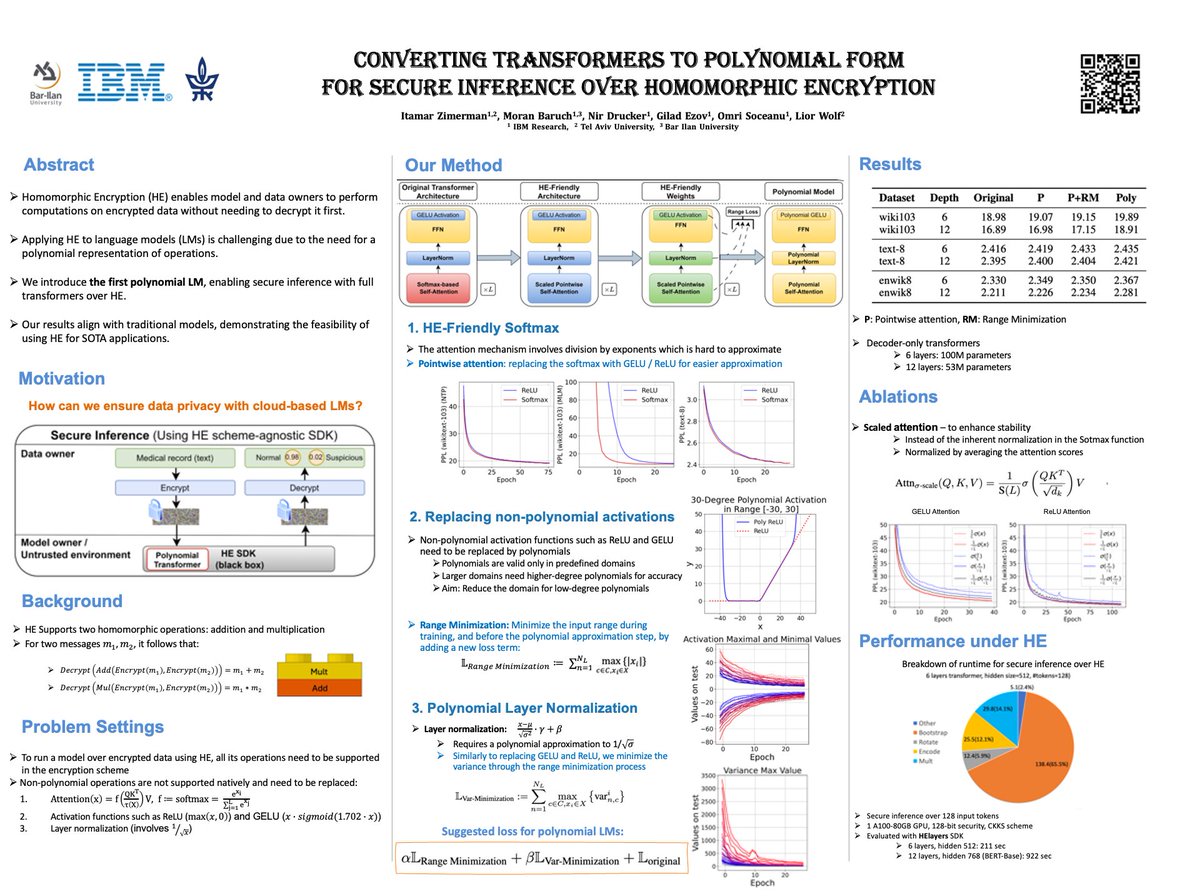 moran_baruch's tweet image. 1/5 Worried about your sensitive data while using LLMs? Come and join me tomorrow at @icmlconf  at 11:30, presenting our work: &quot;Converting Transformers to Polynomial Form for Secure Inference over Homomorphic Encryption&quot; (#2115).  #IBMResearch #HELayers &amp;gt;&amp;gt;
