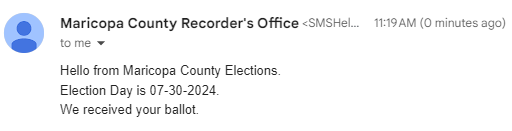 UaTarr's tweet photo. Love the updates. I can track the dumb stuff I order on Amazon; glad I get similar tracking on something much more important (my ballot).

Thanks @RecordersOffice https://t.co/FstOEJ2Nki