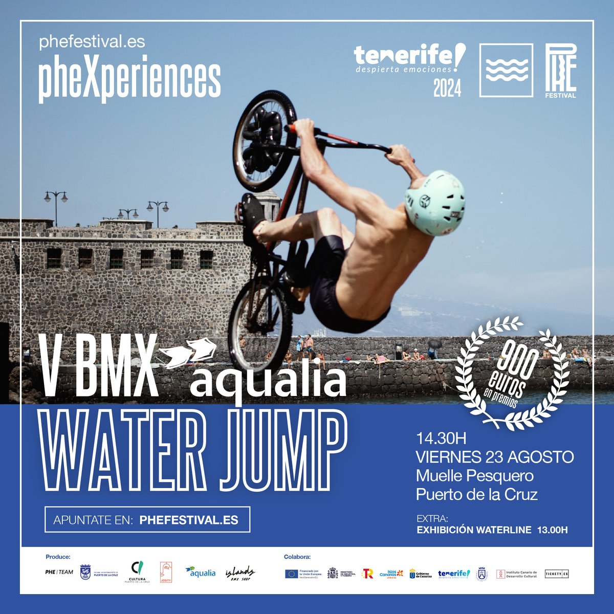 PheFestival's tweet photo. Hasta el infinito y...¡al agua va!🦐💦Vuelve el mítico campeonato de saltos en BMX al mar de #PheFestival V edición del BMX Aqualia Water Jump, uno de los favs de lxs #phellowers. 🚲
Abierta inscripción gratuita. Este año 900€ en premios.😮🏆 Info en la web.
#ÚnicoEnCanarias https://t.co/T7oP3Qr05v