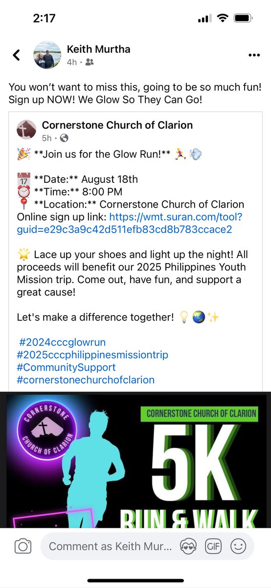 coachmurt's tweet photo. Lace up those shoes runners &amp; walkers to benefit the Philippines Missions Trip. Let’s All Glow so They Can Go! https://t.co/YXc6MtAZ5F