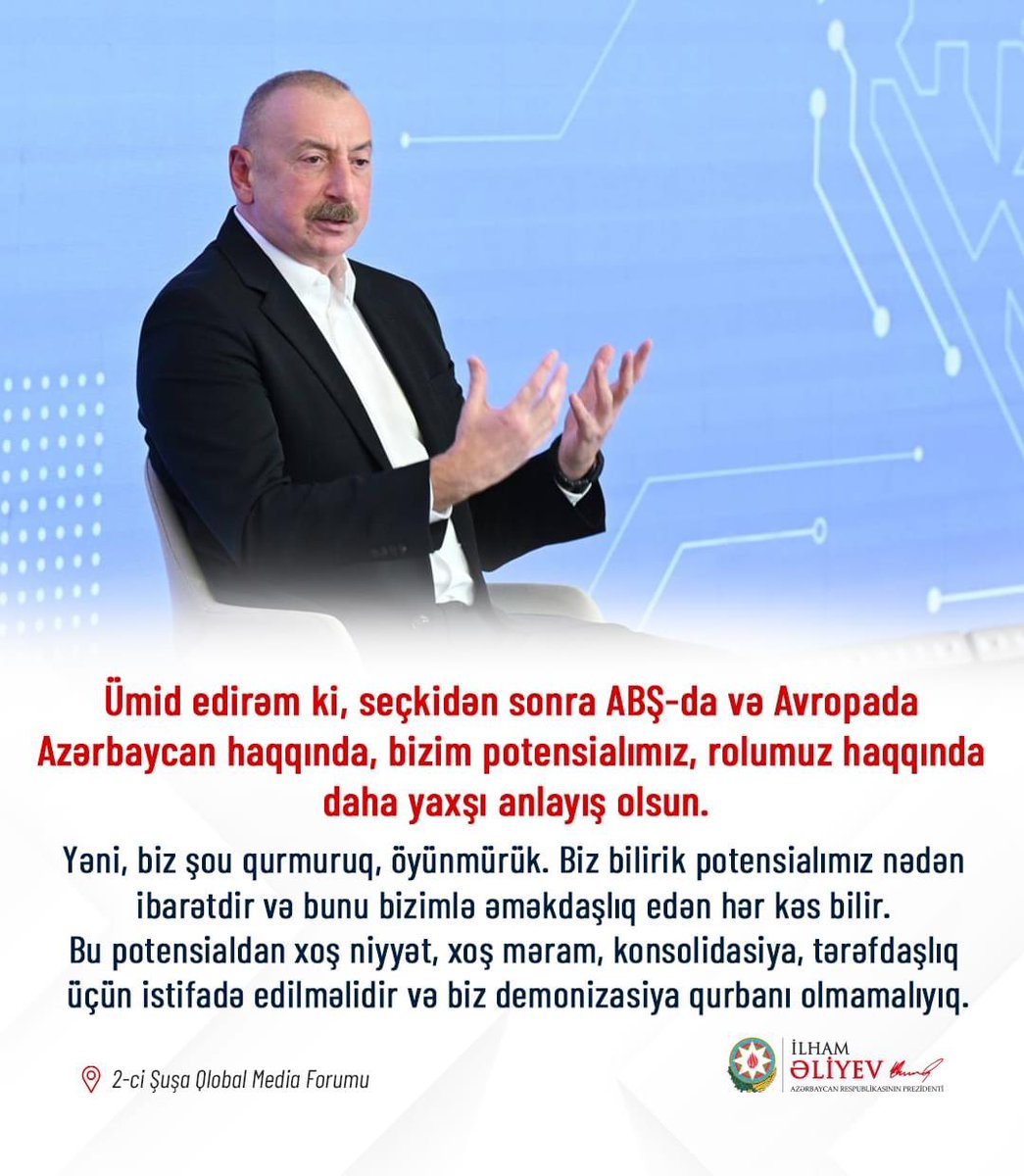 EminHajiyev's tweet photo. Prezident cənab İlham Əliyev:
“Ümid edirəm ki, seçkidən sonra ABŞ-da və Avropada Azərbaycan haqqında, bizim potensialımız, rolumuz haqqında daha yaxşı anlayış olsun.” https://t.co/5SgYpkQv6I