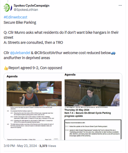 SpokesLothian's tweet photo. @green_woman1 @cyclehoop #BikeHangars costs reduced to below🚙residential permits
Was agreed by @Edinburgh_CC #TransportCommittee 23 May
-->https://t.co/8JoumFw0sK
👍Great to hear it's now starting!
Supported by @EdinburghLabour @EdinburghSNP @EdinburghGreens @EdinburghLibDem
Opposed by Conservatives https://t.co/yK53ZXDo9v