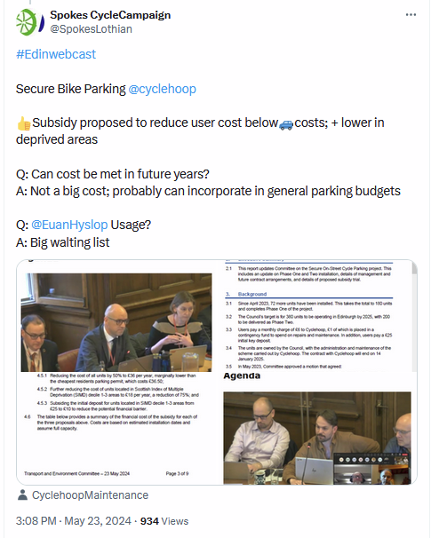 SpokesLothian's tweet photo. @green_woman1 @cyclehoop #BikeHangars costs reduced to below🚙residential permits
Was agreed by @Edinburgh_CC #TransportCommittee 23 May
-->https://t.co/8JoumFw0sK
👍Great to hear it's now starting!
Supported by @EdinburghLabour @EdinburghSNP @EdinburghGreens @EdinburghLibDem
Opposed by Conservatives https://t.co/yK53ZXDo9v