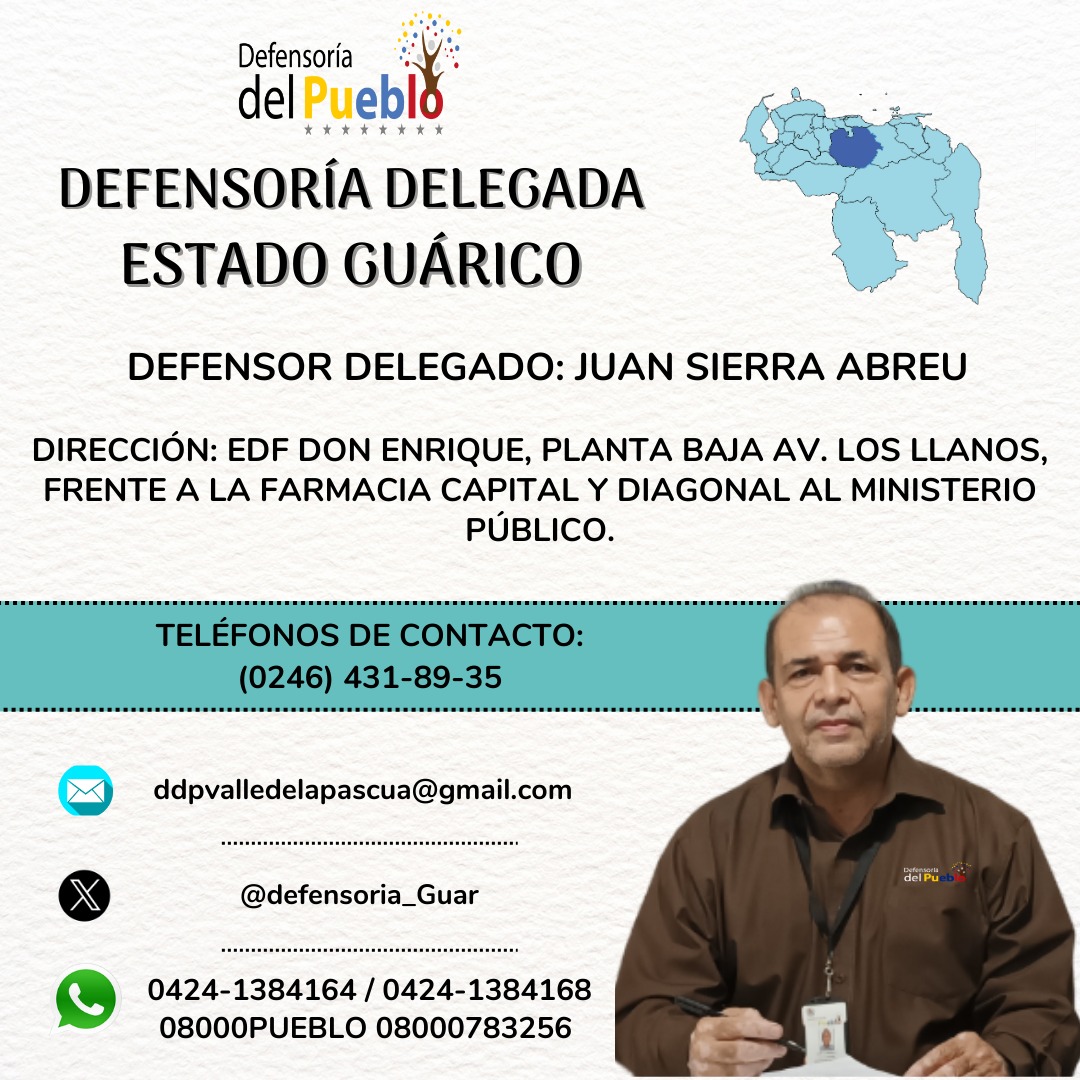 La <a href="/Defensoria_Vzla/">Defensor del Pueblo</a>  te invita a conocer a nuestros defensores y defensoras delegadas de cada estado del país, quienes están prestos a atender y orientar a la población en materia de presunta vulneración de sus derechos humanos. <a href="/defensoria_Guar/">Defensoria Guarico</a> <a href="/aruizddp/">Alfredo Ruiz</a>