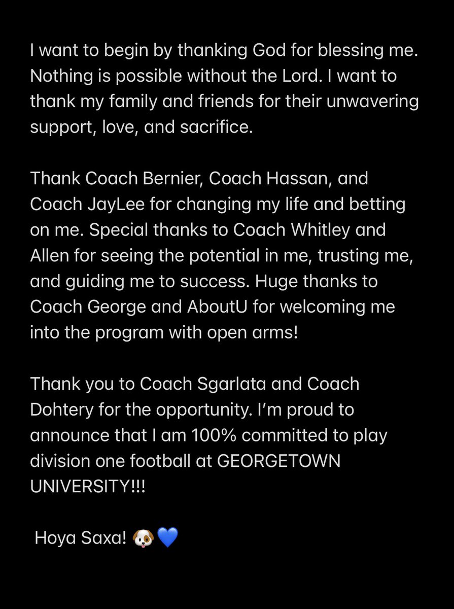 Ozzy Diallo 6’3 235 LB/ATH 2025 (@ozzydiallo) on Twitter photo I am proud to announce my commitment to Georgetown University!!! #HoyaSaxa
<a href="/coachsgarlata/">Coach Sgarlata</a> <a href="/coachkrd/">Kevin “Duffy” Doherty</a> <a href="/HoyasFB/">Georgetown Football</a> <a href="/TaftFootballCT/">Taft Football</a> <a href="/Coachlanese13/">Coach George</a> @PRZ_CoachSilva I am proud to announce my commitment to Georgetown University!!! #HoyaSaxa
<a href="/coachsgarlata/">Coach Sgarlata</a> <a href="/coachkrd/">Kevin “Duffy” Doherty</a> <a href="/HoyasFB/">Georgetown Football</a> <a href="/TaftFootballCT/">Taft Football</a> <a href="/Coachlanese13/">Coach George</a> @PRZ_CoachSilva