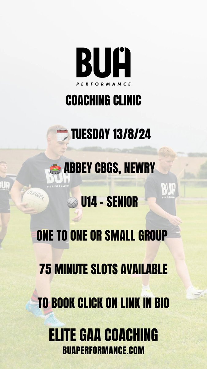 Bua Performance (@buaperform86289) on Twitter photo Next coaching clinic 13/8/24 <a href="/Abbey_CBS/">Abbey Grammar School</a> - We have 5 slots, lasting 75 mins that can be booked for one to one skills session or small group training (max 6 players). These sessions are open to U14 - Senior players, male and female. To book click the link - forms.office.com/Pages/Response… Next coaching clinic 13/8/24 <a href="/Abbey_CBS/">Abbey Grammar School</a> - We have 5 slots, lasting 75 mins that can be booked for one to one skills session or small group training (max 6 players). These sessions are open to U14 - Senior players, male and female. To book click the link - forms.office.com/Pages/Response…