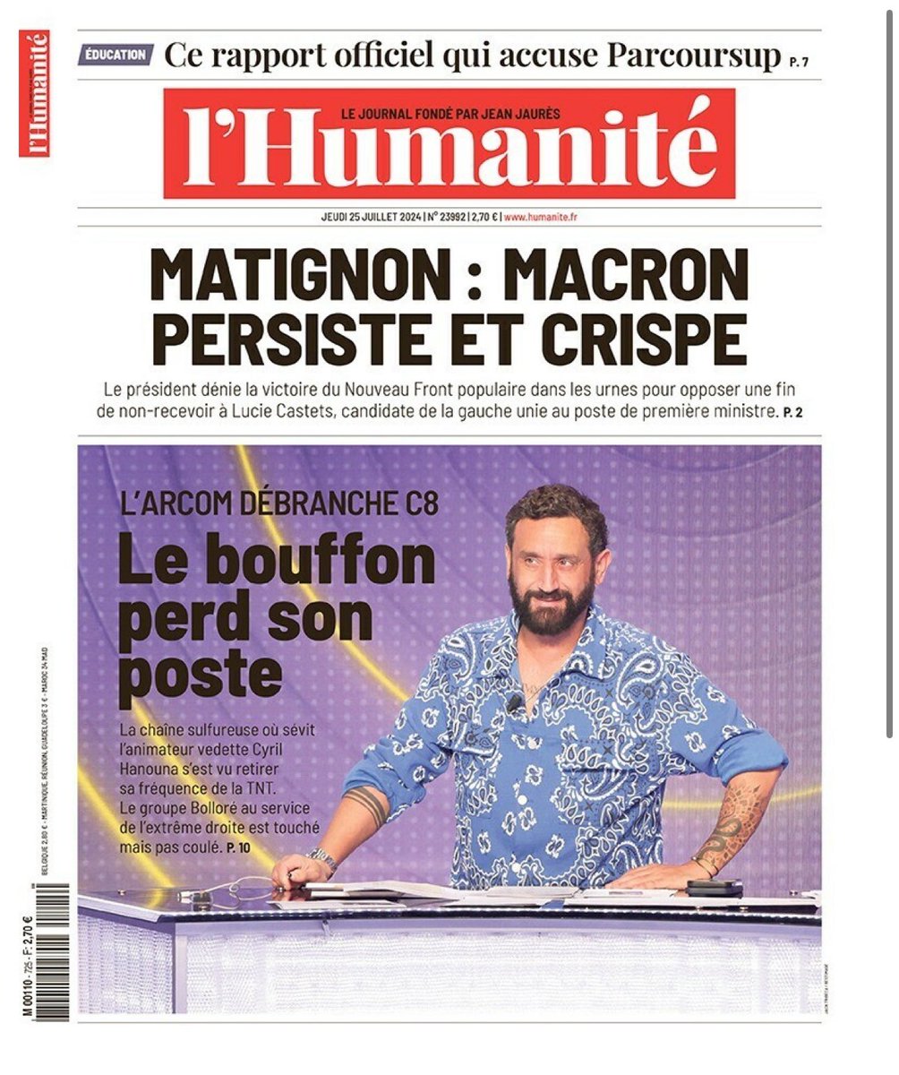 Le bouffon perd son poste. #Hanouna
#Bolloré touché mais pas coulé. 

La Une de <a href="/humanite_fr/">L'Humanité</a>