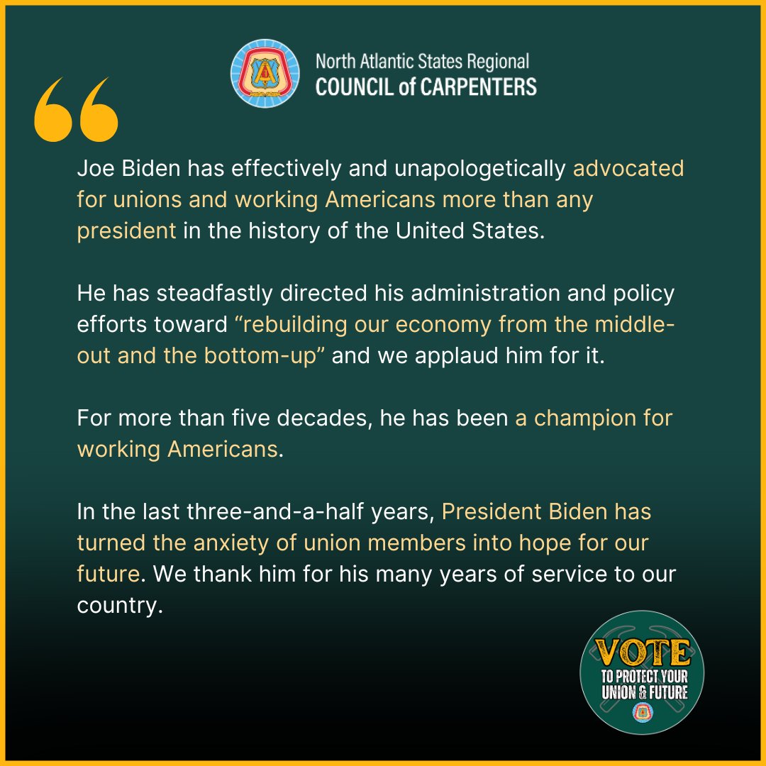 North Atlantic States Carpenters (@nasrcc_ubc) on Twitter photo Building bi-partisan coalitions, <a href="/POTUS/">President Donald J. Trump</a> Joe Biden initiated investments in domestic manufacturing, Americaās aging infrastructure & renewable energy that both stimulated the economy in the short-term and will be the foundation of Americaās prosperity and independence for decades. Building bi-partisan coalitions, <a href="/POTUS/">President Donald J. Trump</a> Joe Biden initiated investments in domestic manufacturing, Americaās aging infrastructure & renewable energy that both stimulated the economy in the short-term and will be the foundation of Americaās prosperity and independence for decades.