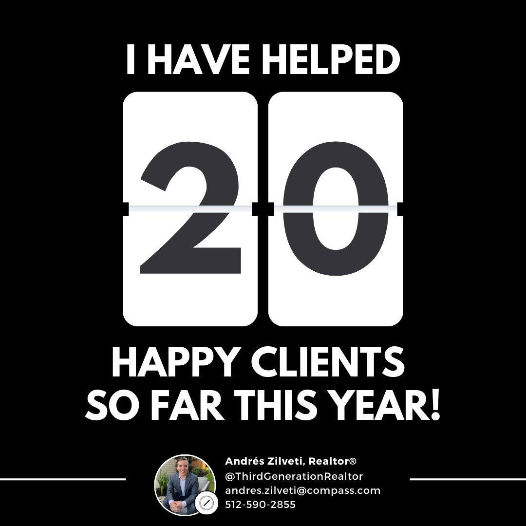 I'm excited to share that I have officially helped 20 clients in 2024! A huge thank you to everyone who has sent me a referral or even just shared a post!

If you or someone you know is looking to buy, sell, or invest in Houston, give me a call at 512.590.2855
