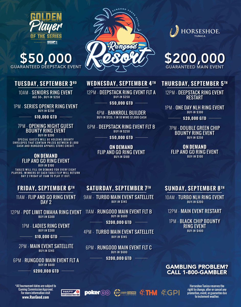 Tana Karn (@tkarn421) on Twitter photo Lots of Tunica friends have been asking.
We’ll be awarding a $10,000 VIP Gold Pass to NAPT: Las Vegas during the <a href="/RGPokerSeries/">RunGood Poker Series</a> <a href="/Horseshoetunica/">Horseshoe Tunica</a> September 3rd - 8th tour stop!
Start making plans. ♥️🫶🌴
Shout out <a href="/PokerStarsLIVE/">PokerStars LIVE</a> for making this happen! #RunGoodResort Lots of Tunica friends have been asking.
We’ll be awarding a $10,000 VIP Gold Pass to NAPT: Las Vegas during the <a href="/RGPokerSeries/">RunGood Poker Series</a> <a href="/Horseshoetunica/">Horseshoe Tunica</a> September 3rd - 8th tour stop!
Start making plans. ♥️🫶🌴
Shout out <a href="/PokerStarsLIVE/">PokerStars LIVE</a> for making this happen! #RunGoodResort