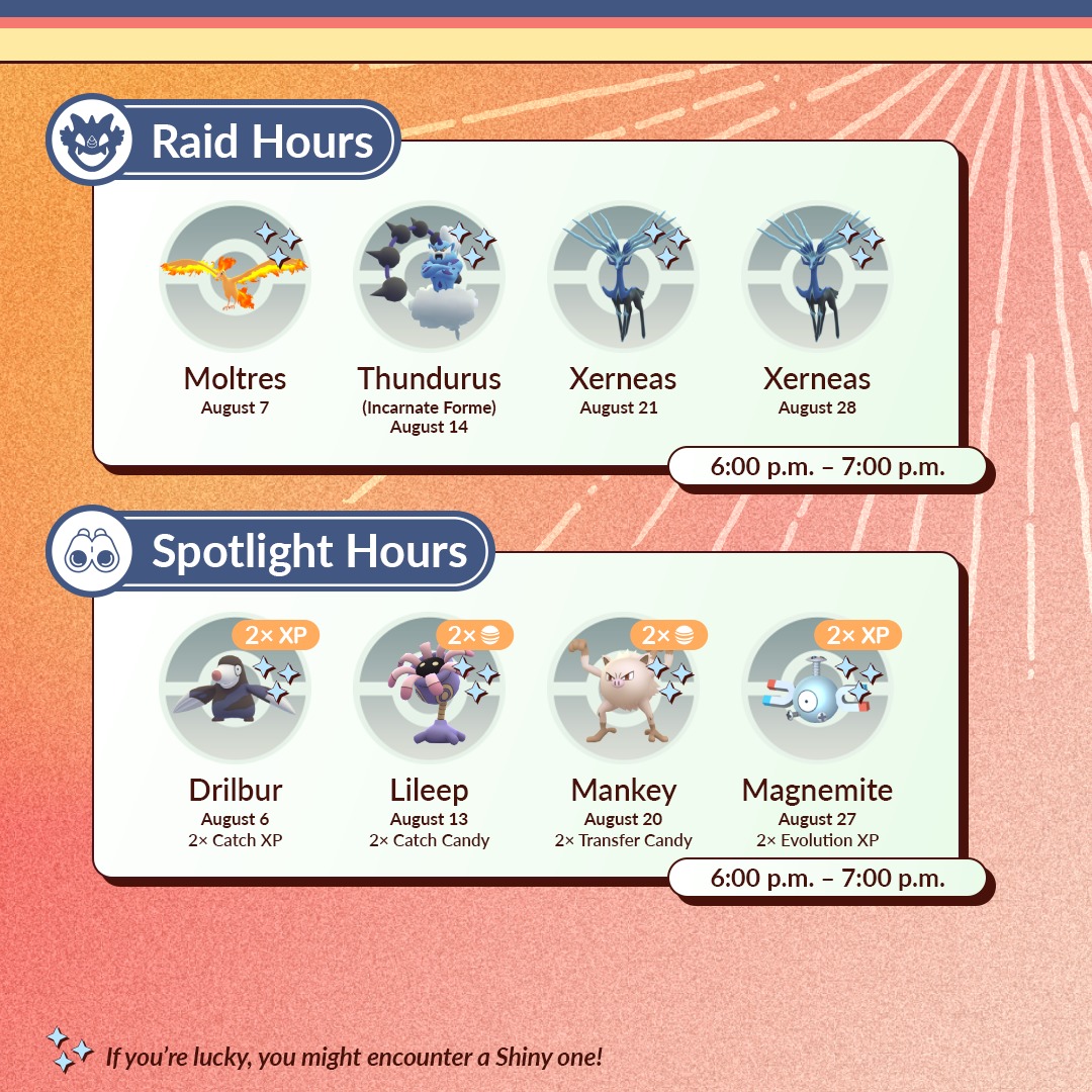 Here's what's coming up in August during Shared Skies!

Events will be added by the end of the day: leekduck.com/events/ 

#PokemonGO