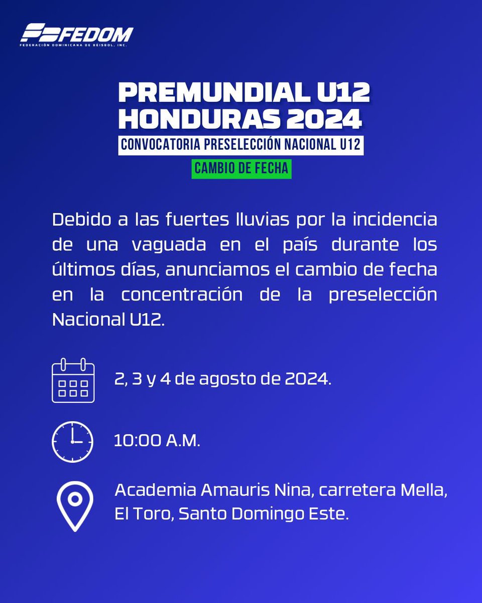 FEDOMRD's tweet photo. Tomen nota 📝, tenemos cambio de fecha para la primera convocatoria de la preselección Nacional U12.

Nos vemos el 2, 3 y 4 de agosto.

#Preselección #Convocatoria #Prácticas #PremundialU12 #Fedom https://t.co/2Wc6F6IMSD