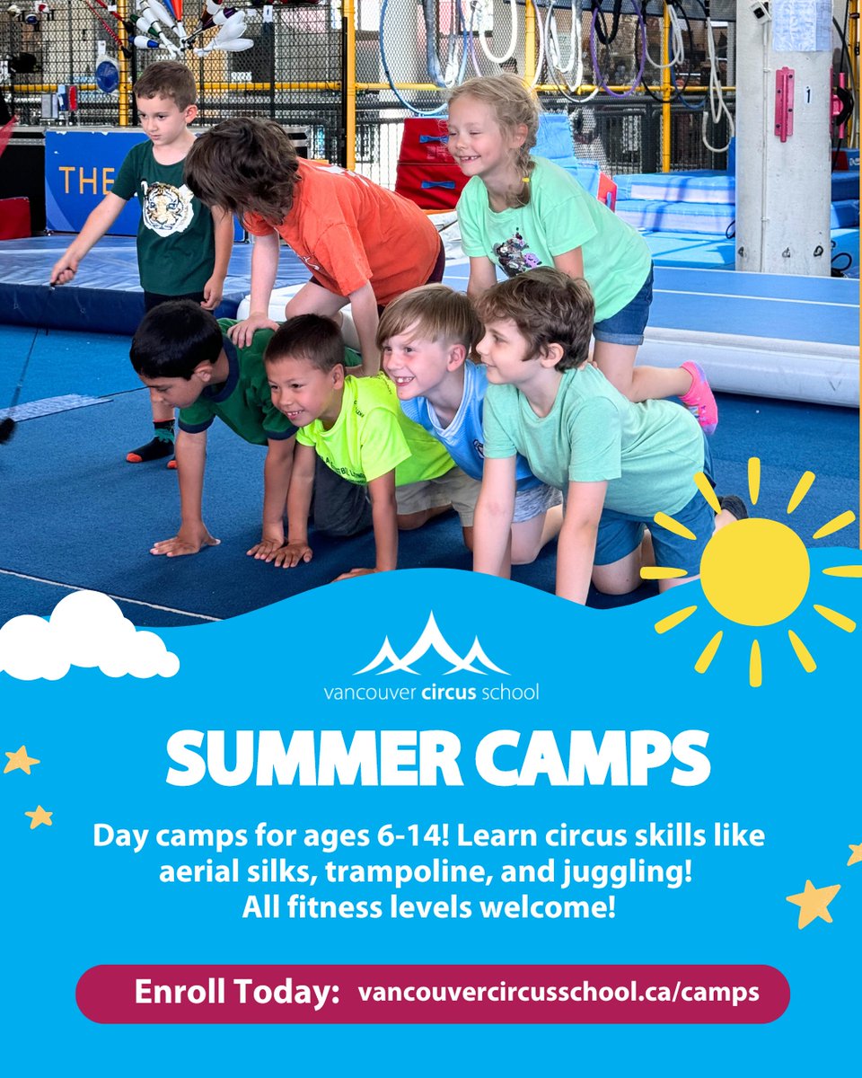 VanCircusSchool's tweet photo. Looking for a way to keep your kids entertained and active this summer? ❤️ Our circus summer classes are running now through August!

Kids aged 6-14 can dive into the magical world of circus arts, learning amazing skills like juggling 🤹‍♀️, aerial silks 🎪, trampoline 🤸‍♂️, ... https://t.co/w5Gcyj6T3k