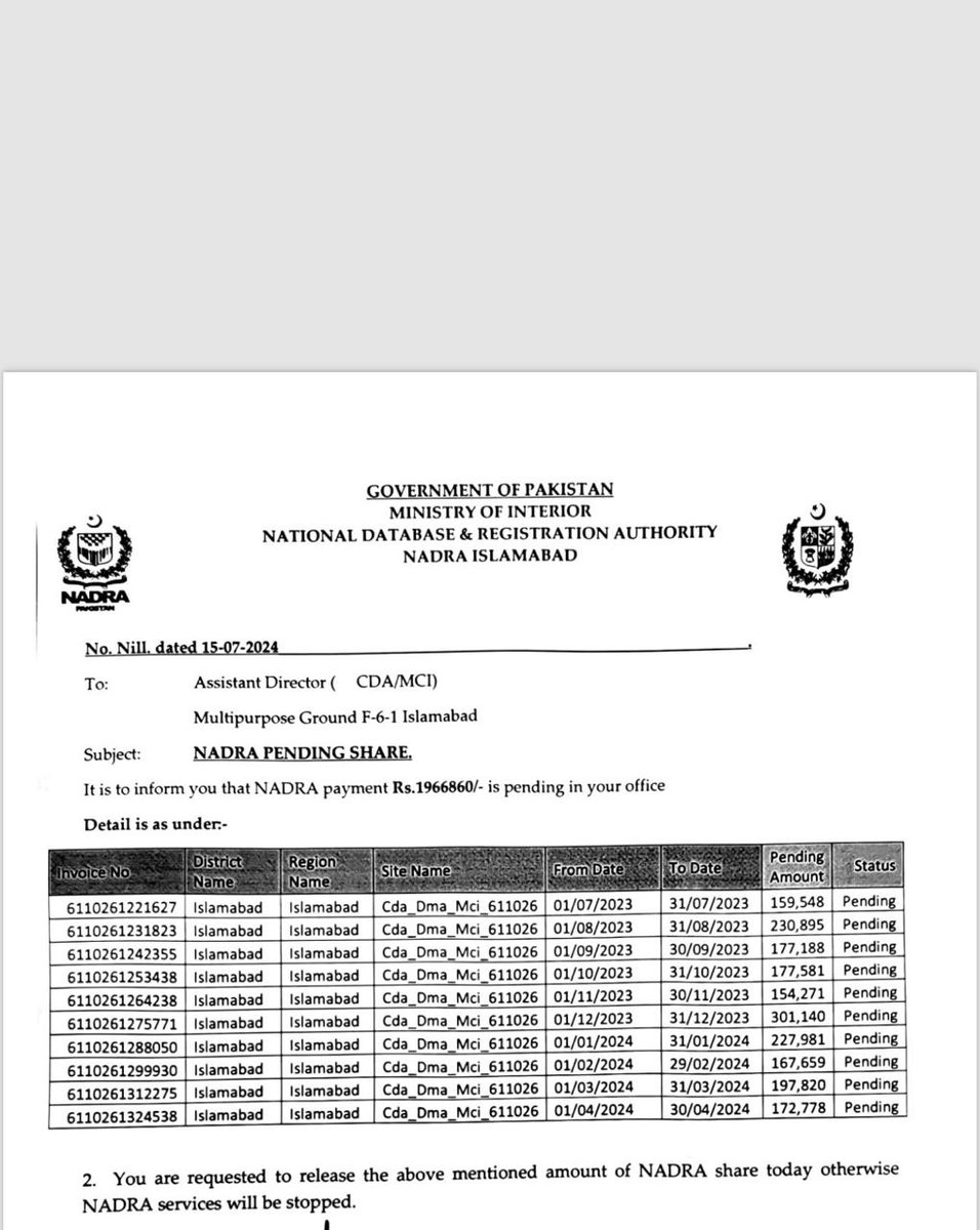 چئیرمین سی ڈی اے صاحب اگر توجہ دیں تو عدم ادائیگی پر نادرا کی طرف سی ڈی اے کی بند کردہ برتھ اینڈ ڈیتھ سروسز کی بحالی کروا دیں 
<a href="/MohsinnaqviC42/">Mohsin Naqvi</a> 
<a href="/CDAthecapital/">Capital Development Authority - CDA, Islamabad</a>