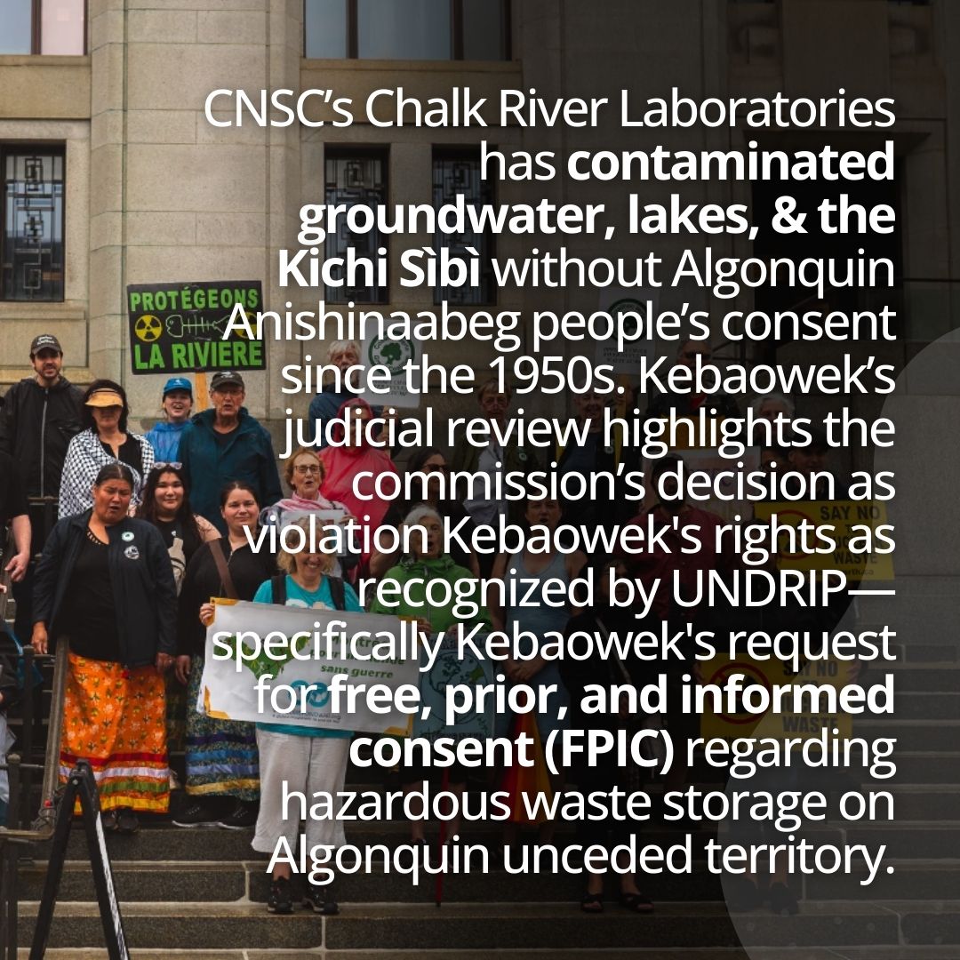 Indigenous_ca's tweet photo. Kebaowek First Nation was before federal court this month, continuing to fight the approval of a #NuclearWaste disposal facility near the #KichiSibi (#OttawaRiver). Take Action! ✊🏽 Visit https://t.co/z1yoEnXcVx to learn more & take action! #NoToNuclear #ProtectTheSacred https://t.co/lXSqtolHle