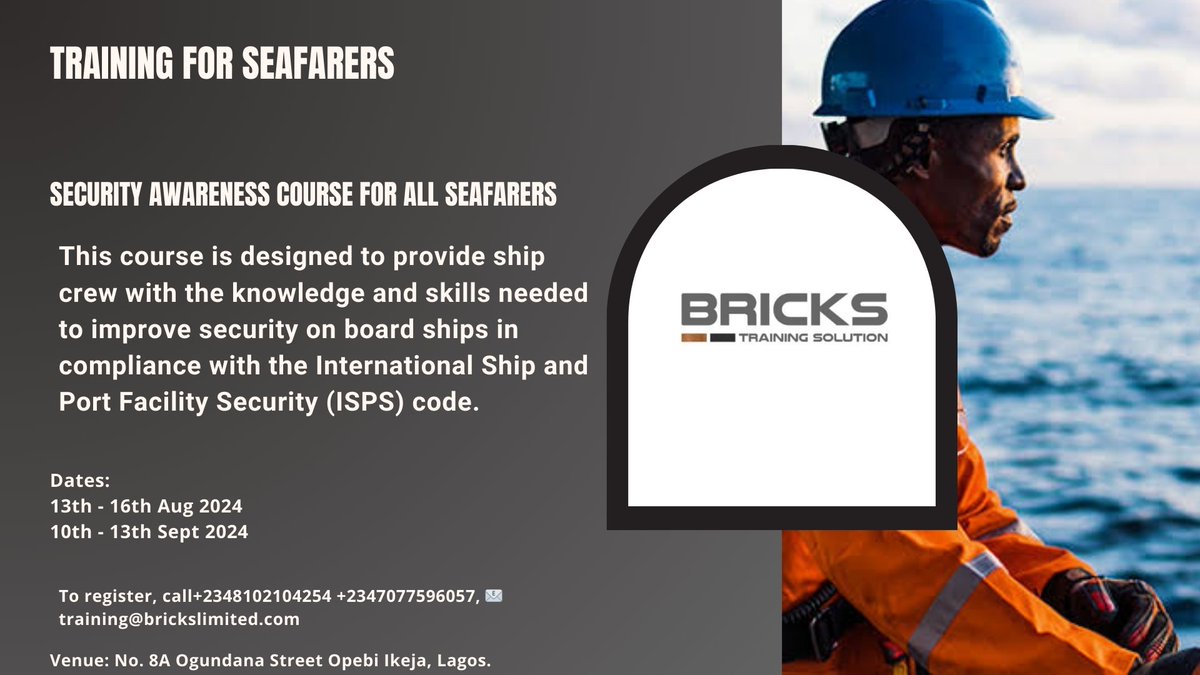 BricksBTS's tweet photo. 🚨 *Upcoming Training Alert!*🚨

We are excited to announce one of our training programs scheduled for next month at Bricks Training Solution (BTS):

Security Awareness Training for all Seafarers https://t.co/3fKidDLUKv