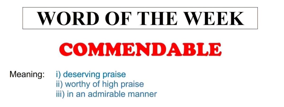 Riviera Beach Prep. (@the_prep_sdpbc) on Twitter photo WORD OF THE WEEK
COMMENDABLE
Meaning: i) deserving praise
ii) worthy of high praise
iii) in an admirable manner
Sentences:
i) <a href="/The_Prep_SDPBC/">Riviera Beach Prep.</a> received commendable status again being the only <a href="/pbcsd/">The School District of Palm Beach County</a> Alt. Ed. to achieve this status! #altedmatters WORD OF THE WEEK
COMMENDABLE
Meaning: i) deserving praise
ii) worthy of high praise
iii) in an admirable manner
Sentences:
i) <a href="/The_Prep_SDPBC/">Riviera Beach Prep.</a> received commendable status again being the only <a href="/pbcsd/">The School District of Palm Beach County</a> Alt. Ed. to achieve this status! #altedmatters