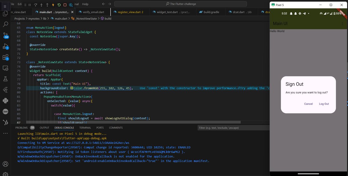 ZiyadaKA_'s tweet image. Day 42-43 of #100DaysOfCode: Linked the login page to the main and logout view, plus cleaned up my code by replacing print statements with log. Progress feels great! #Flutter #CodeChallenge